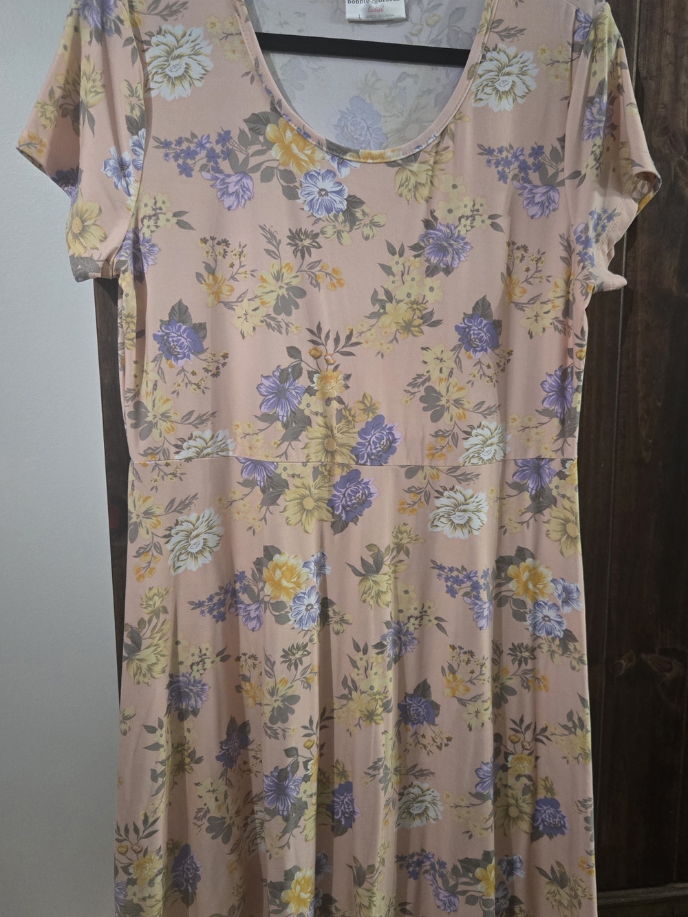 Bobbie Brooks Peach Floral Midi Dress with Lavender & Yellow Blooms